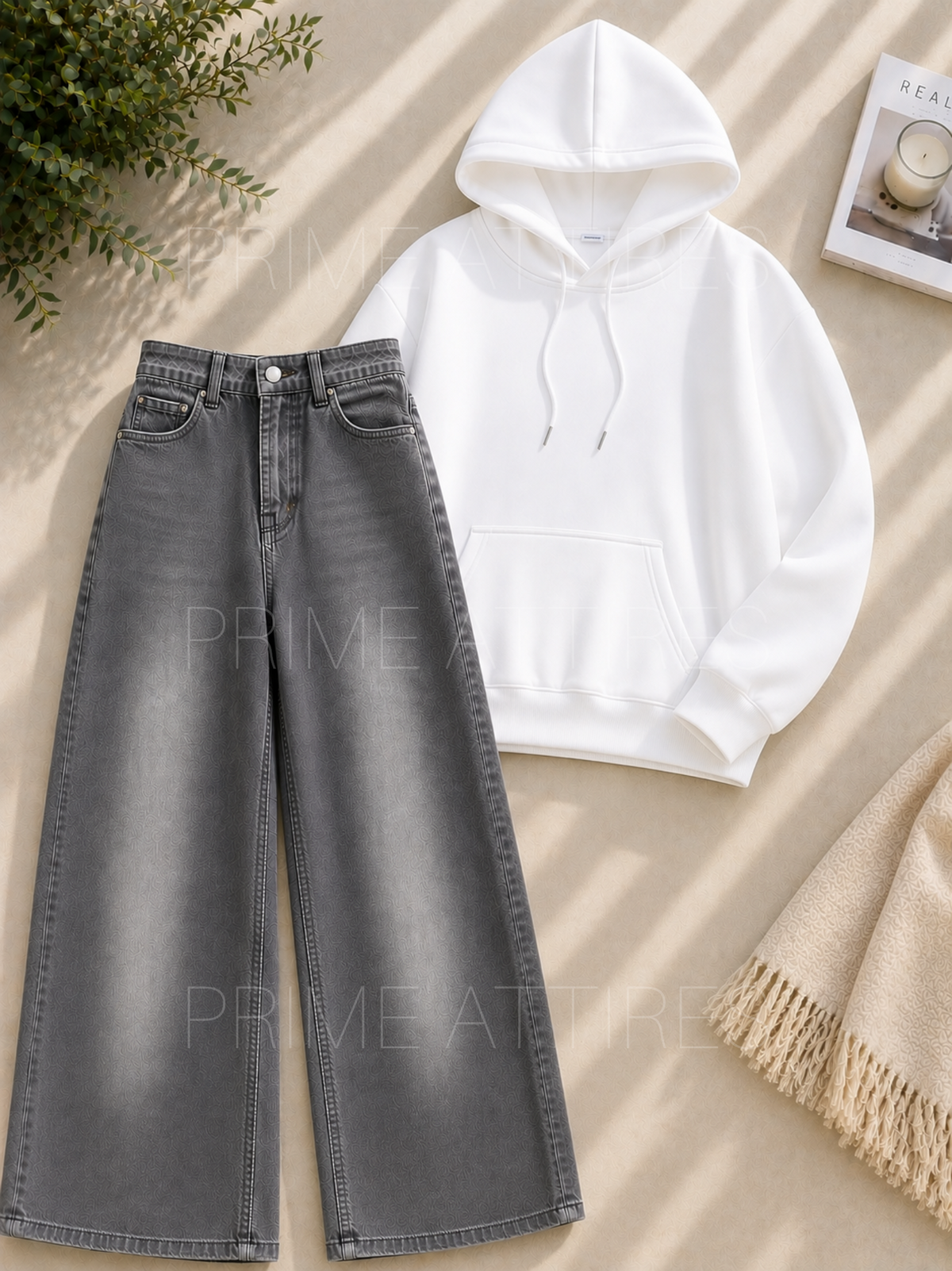 GREY WASHED WIDE LEG JEANS & HOODIE