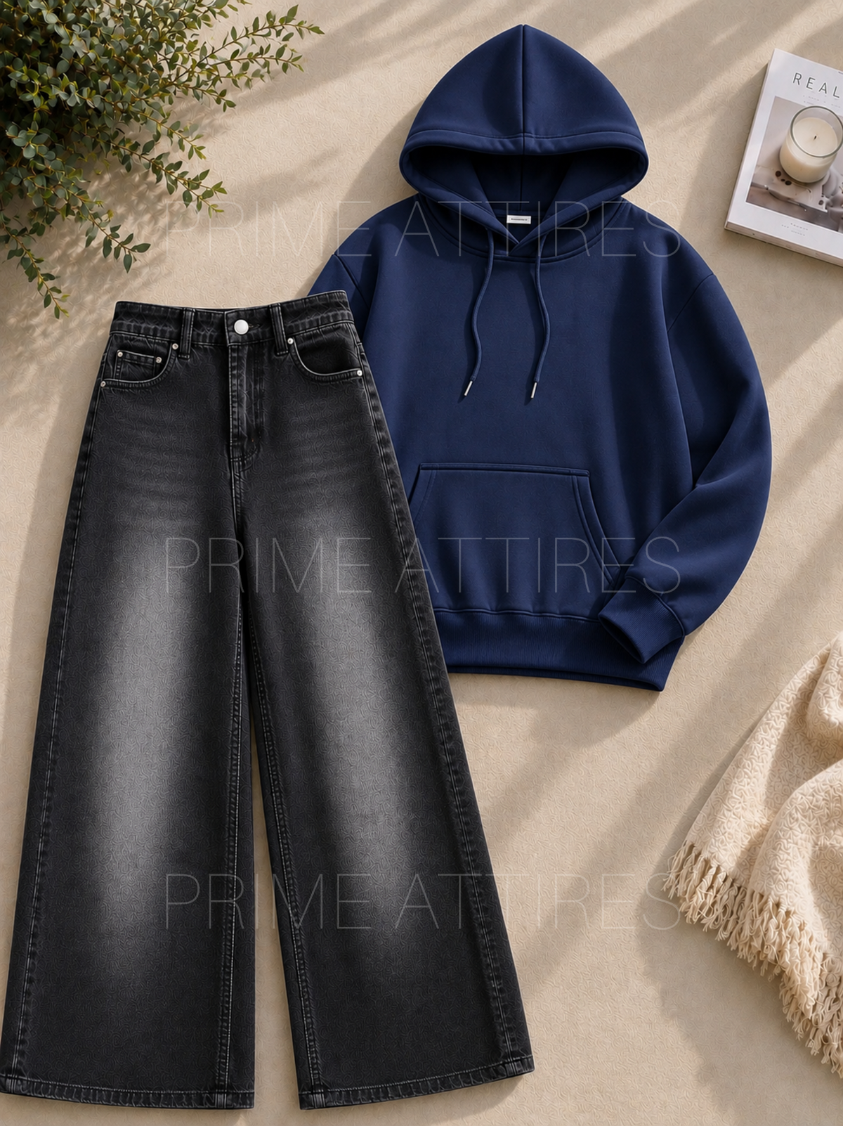 BLACK WASHED WIDE LEG JEANS & HOODIE