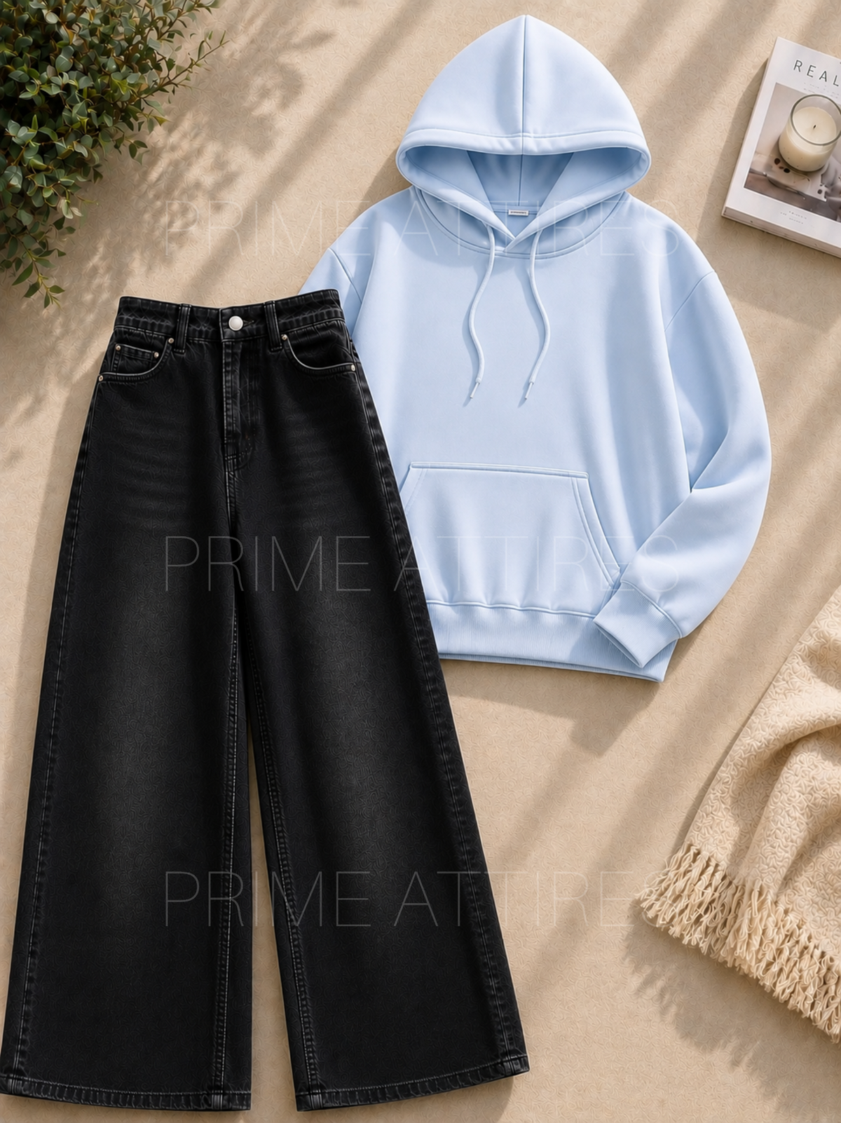 BLACK WASHED WIDE LEG JEANS & HOODIE