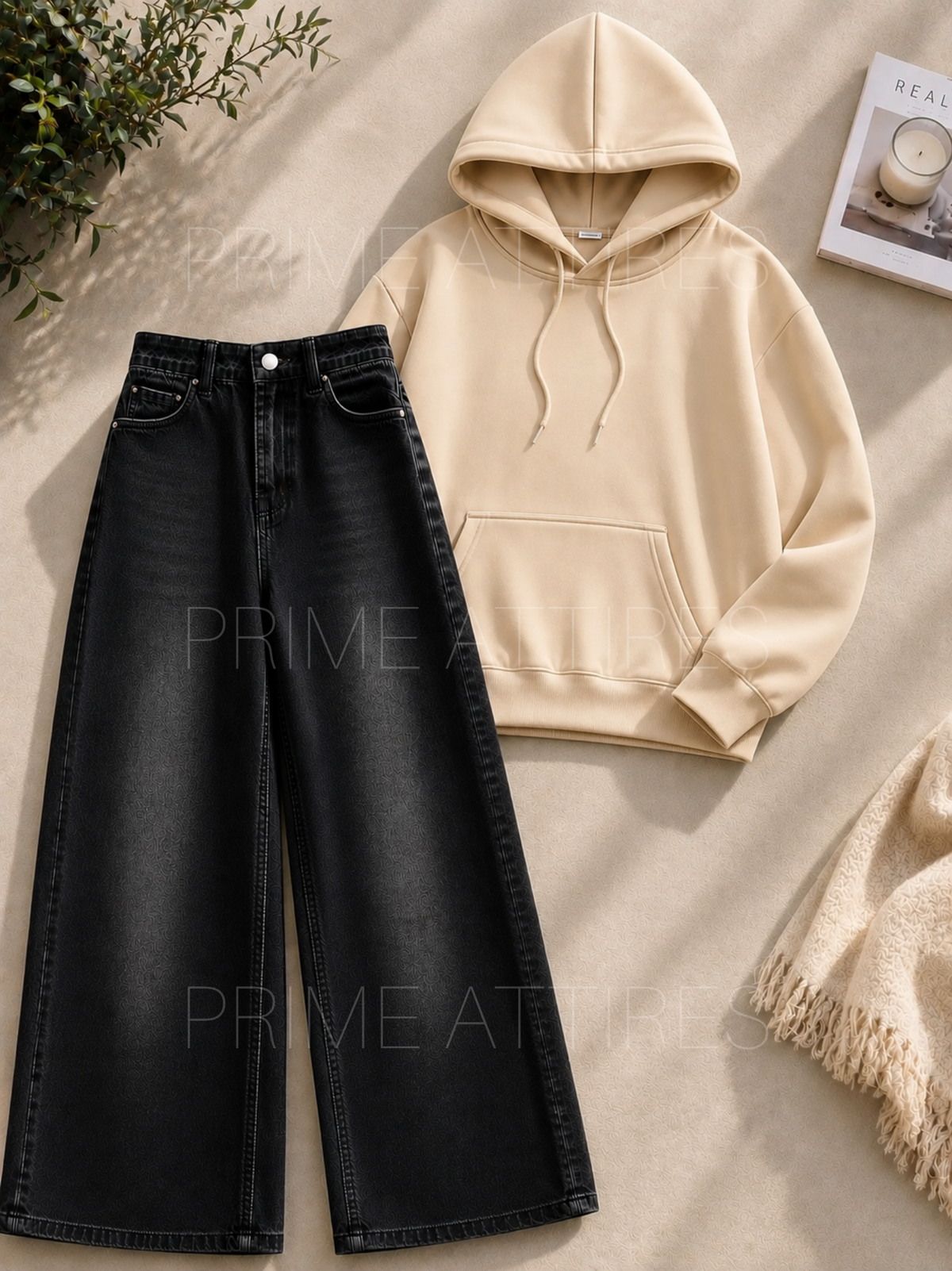 BLACK WASHED WIDE LEG JEANS & HOODIE
