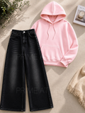 BLACK WASHED WIDE LEG JEANS & HOODIE