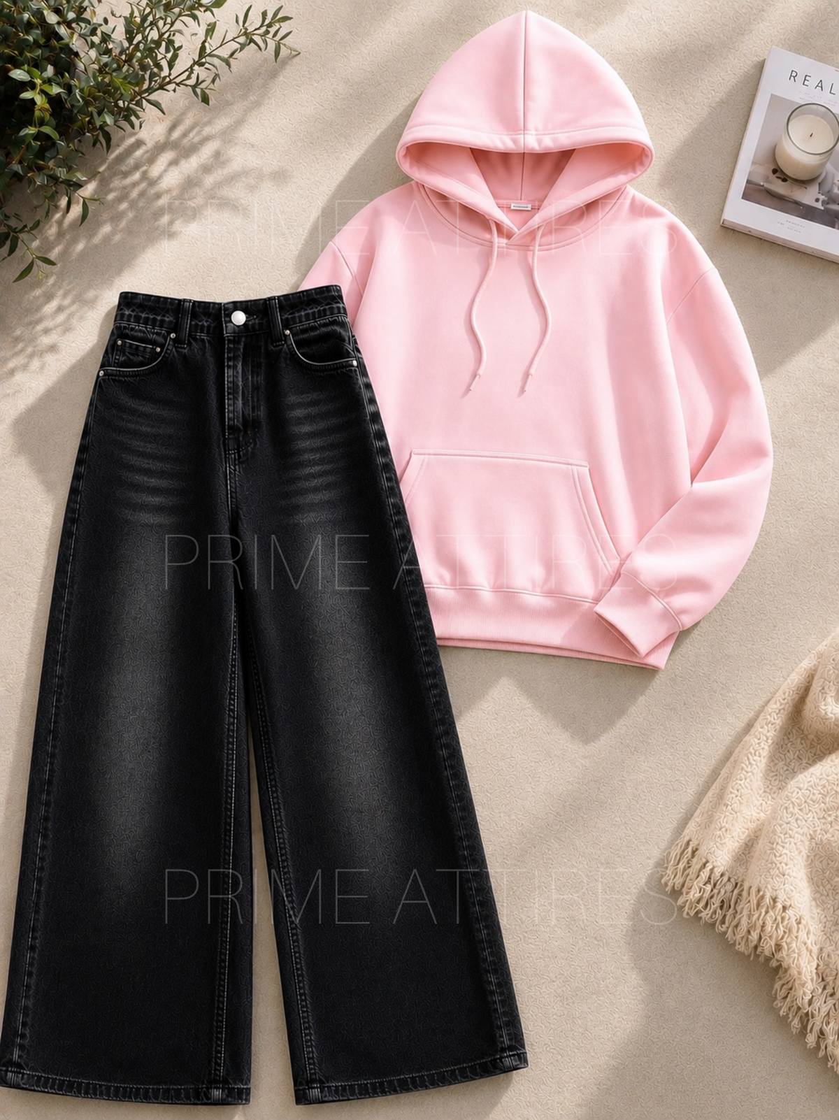 BLACK WASHED WIDE LEG JEANS & HOODIE