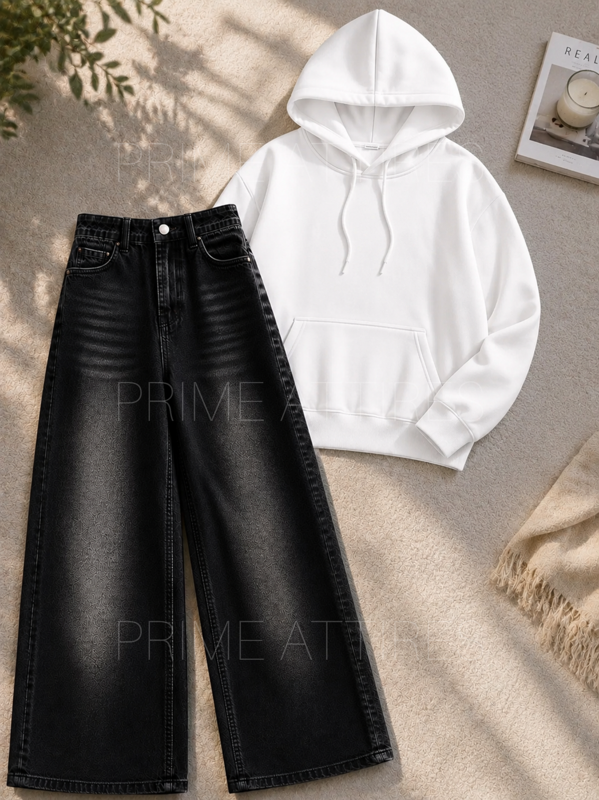 BLACK WASHED WIDE LEG JEANS & HOODIE