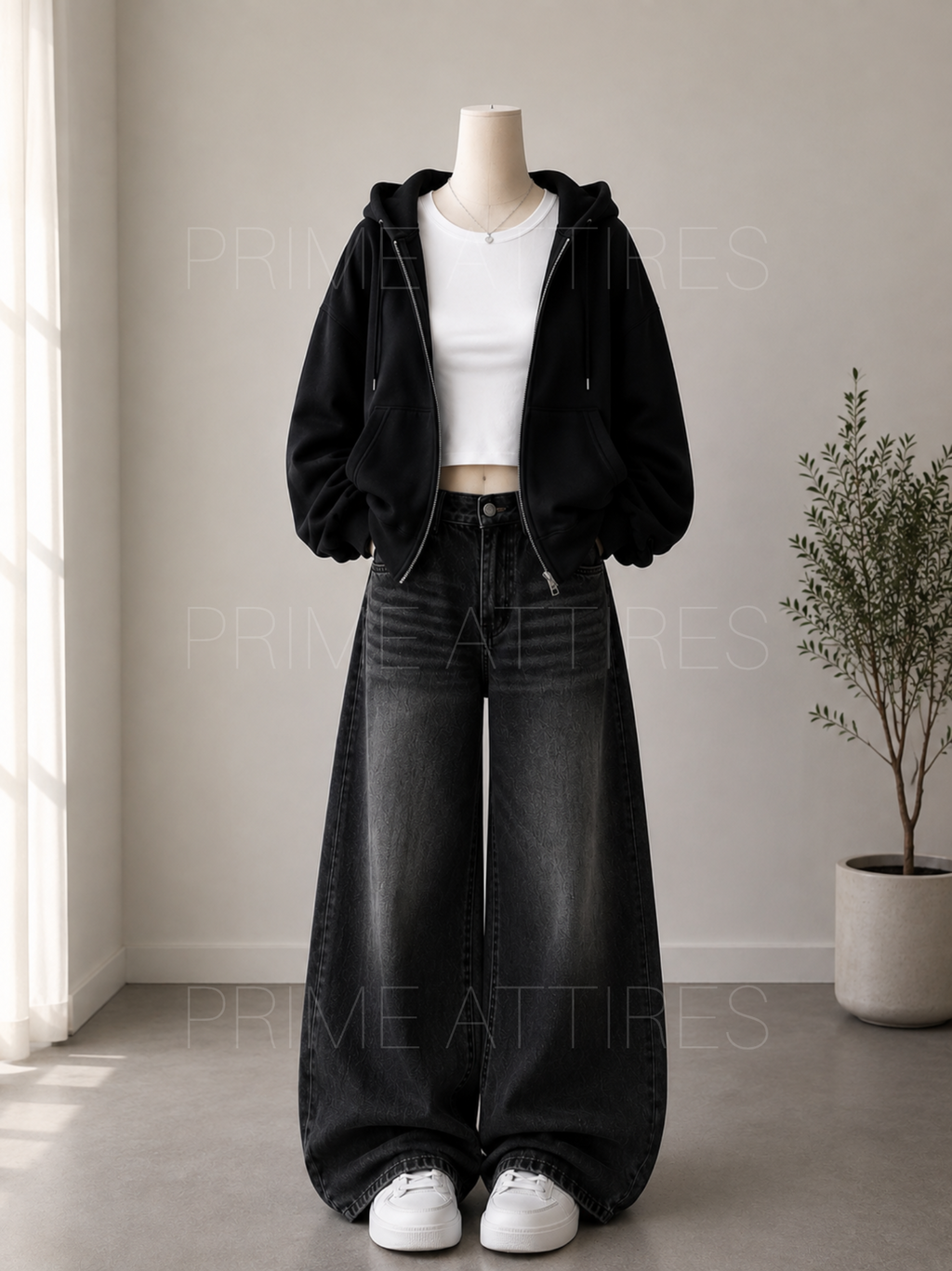 BLACK WASHED WIDE LEG JEANS + WHITE INNER & BLACK ZIPPER HOODIE