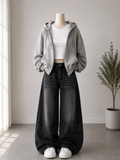 BLACK WASHED WIDE LEG JEANS + WHITE INNER & GREY ZIPPER HOODIE