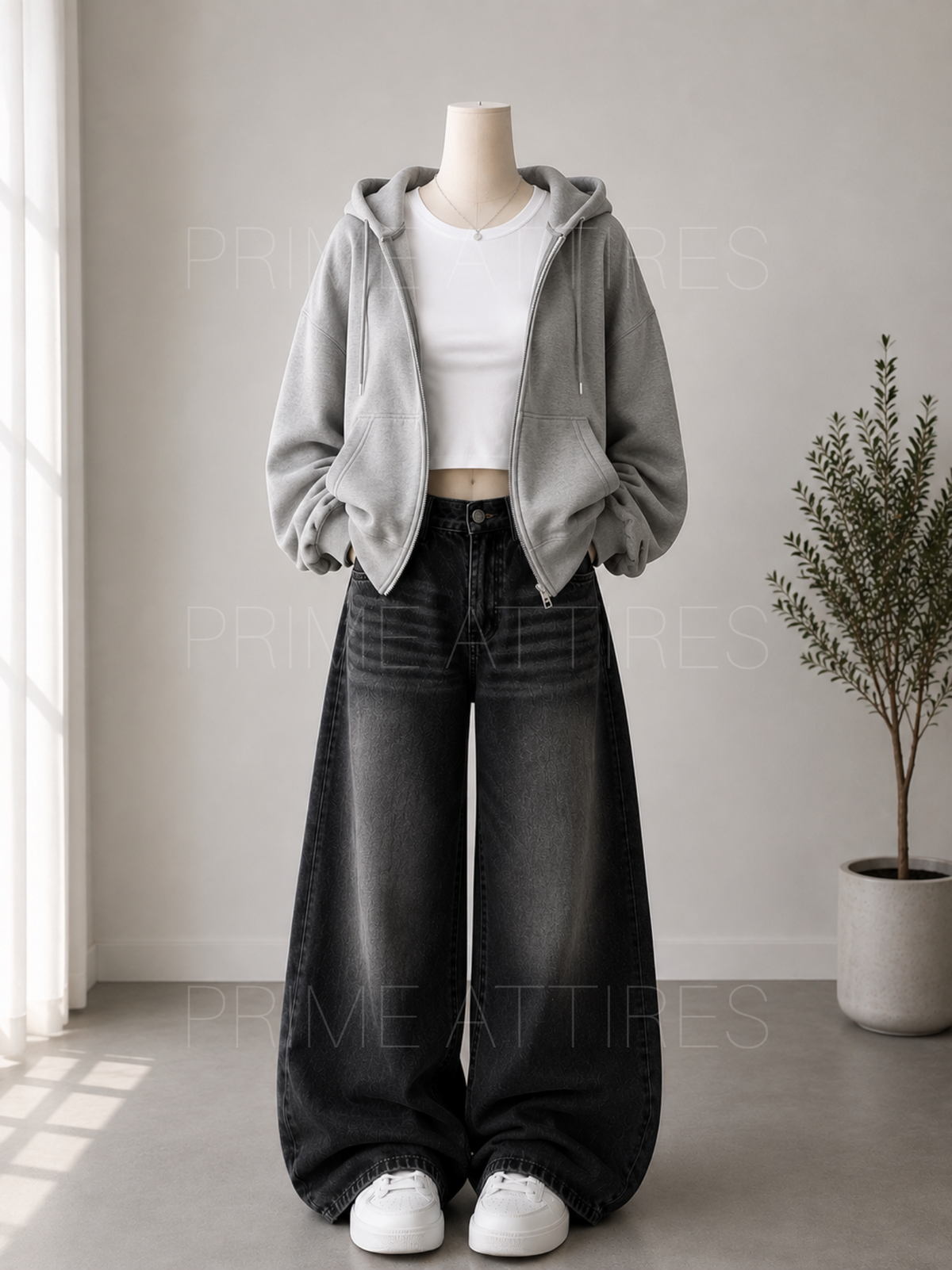 BLACK WASHED WIDE LEG JEANS + WHITE INNER & GREY ZIPPER HOODIE
