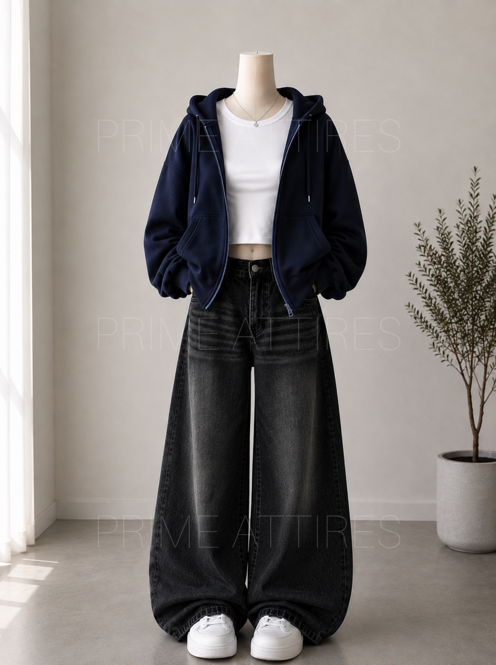 BLACK WASHED WIDE LEG JEANS + WHITE INNER & NAVY BLUE ZIPPER HOODIE