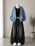 BLACK WASHED WIDE LEG JEANS + BLACK INNER & SKY BLUE ZIPPER HOODIE