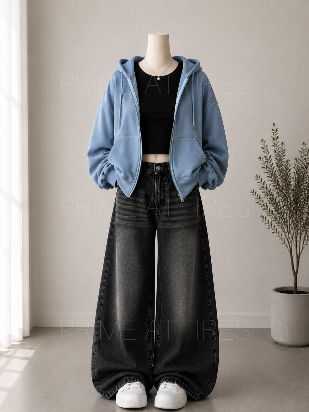 BLACK WASHED WIDE LEG JEANS + BLACK INNER & SKY BLUE ZIPPER HOODIE