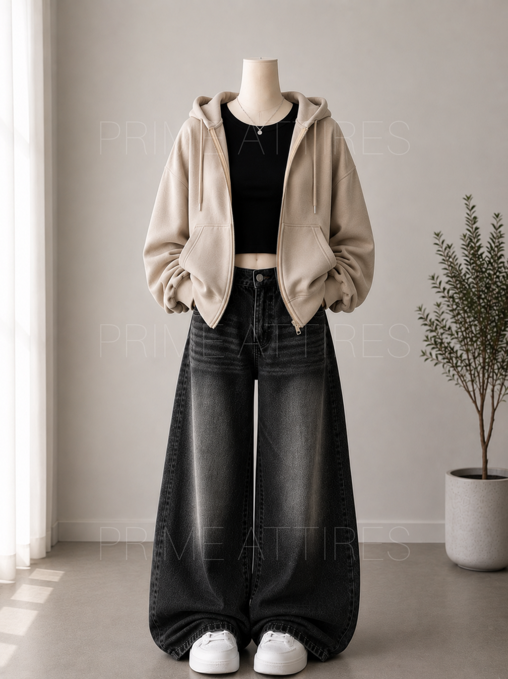 BLACK WASHED WIDE LEG JEANS + BLACK INNER & BEIGE ZIPPER HOODIE