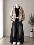 BLACK WASHED WIDE LEG JEANS + BLACK INNER & BEIGE ZIPPER HOODIE