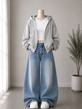 ICE BLUE WASHED WIDE LEG JEANS + WHITE INNER & GREY ZIPPER HOODIE