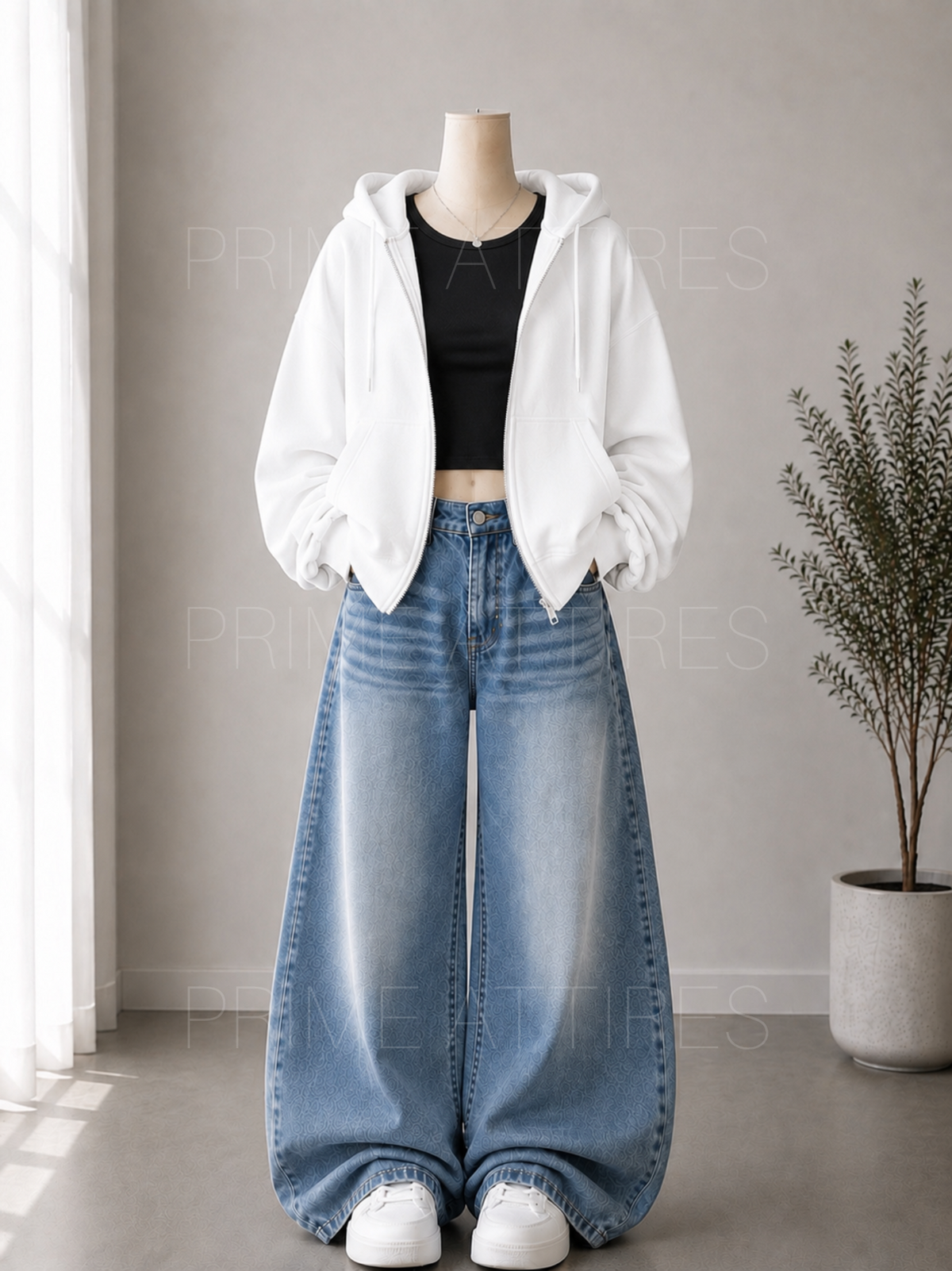 ICE BLUE WASHED WIDE LEG JEANS + BLACK INNER & WHITE ZIPPER HOODIE