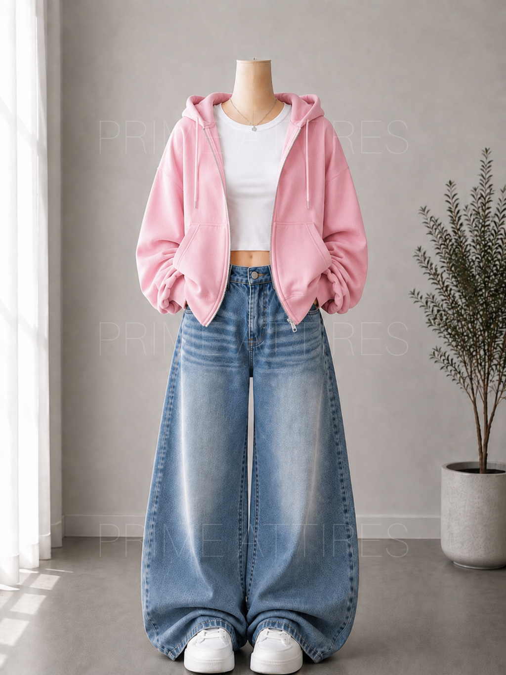 ICE BLUE WASHED WIDE LEG JEANS + WHITE INNER & PINK ZIPPER HOODIE