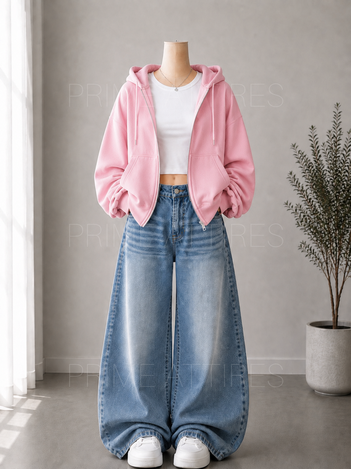 ICE BLUE WASHED WIDE LEG JEANS + WHITE INNER & PINK ZIPPER HOODIE