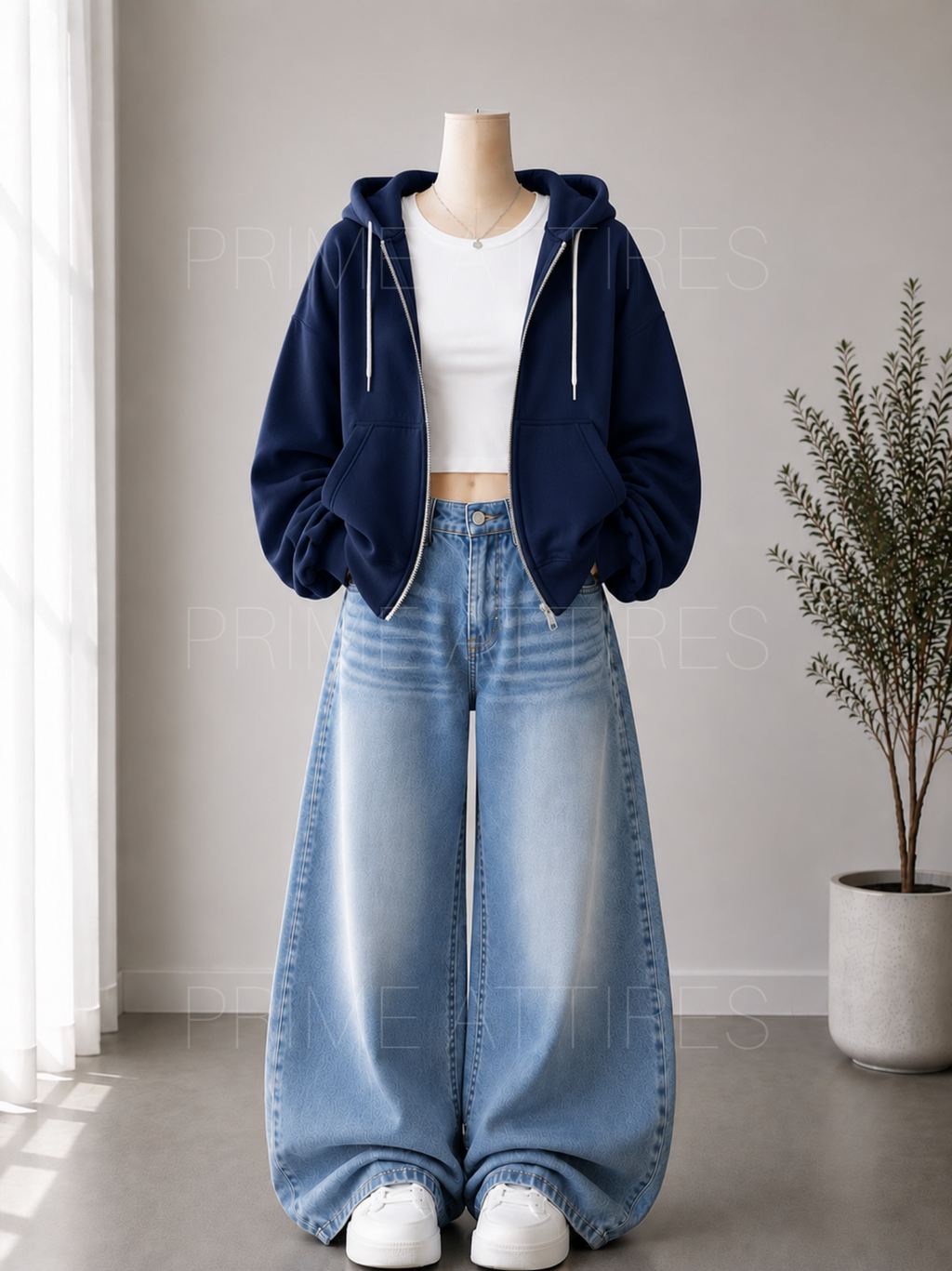ICE BLUE WASHED WIDE LEG JEANS + WHITE INNER & NAVY BLUE ZIPPER HOODIE