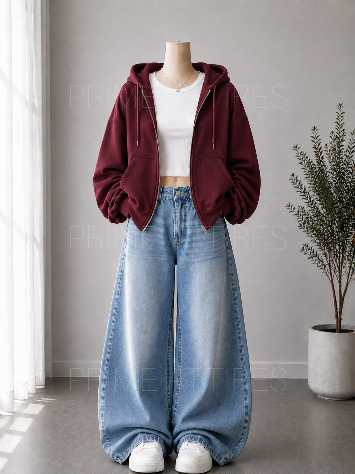 ICE BLUE WASHED WIDE LEG JEANS + WHITE INNER & MAROON ZIPPER HOODIE