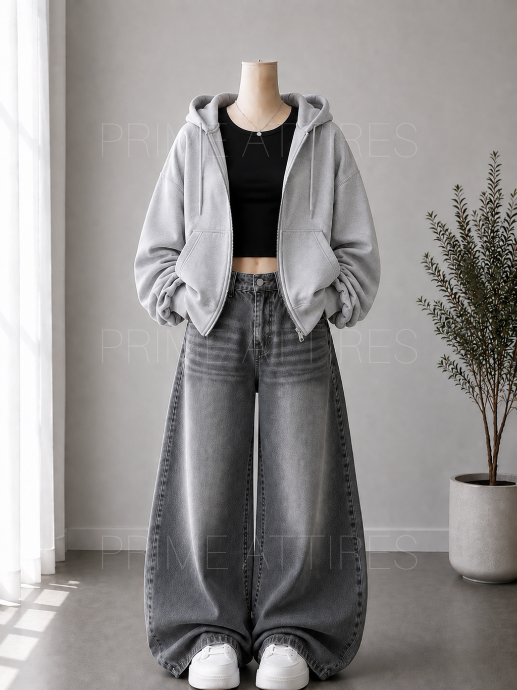 GREY WASHED WIDE LEG JEANS + BLACK INNER & GREY ZIPPER HOODIE