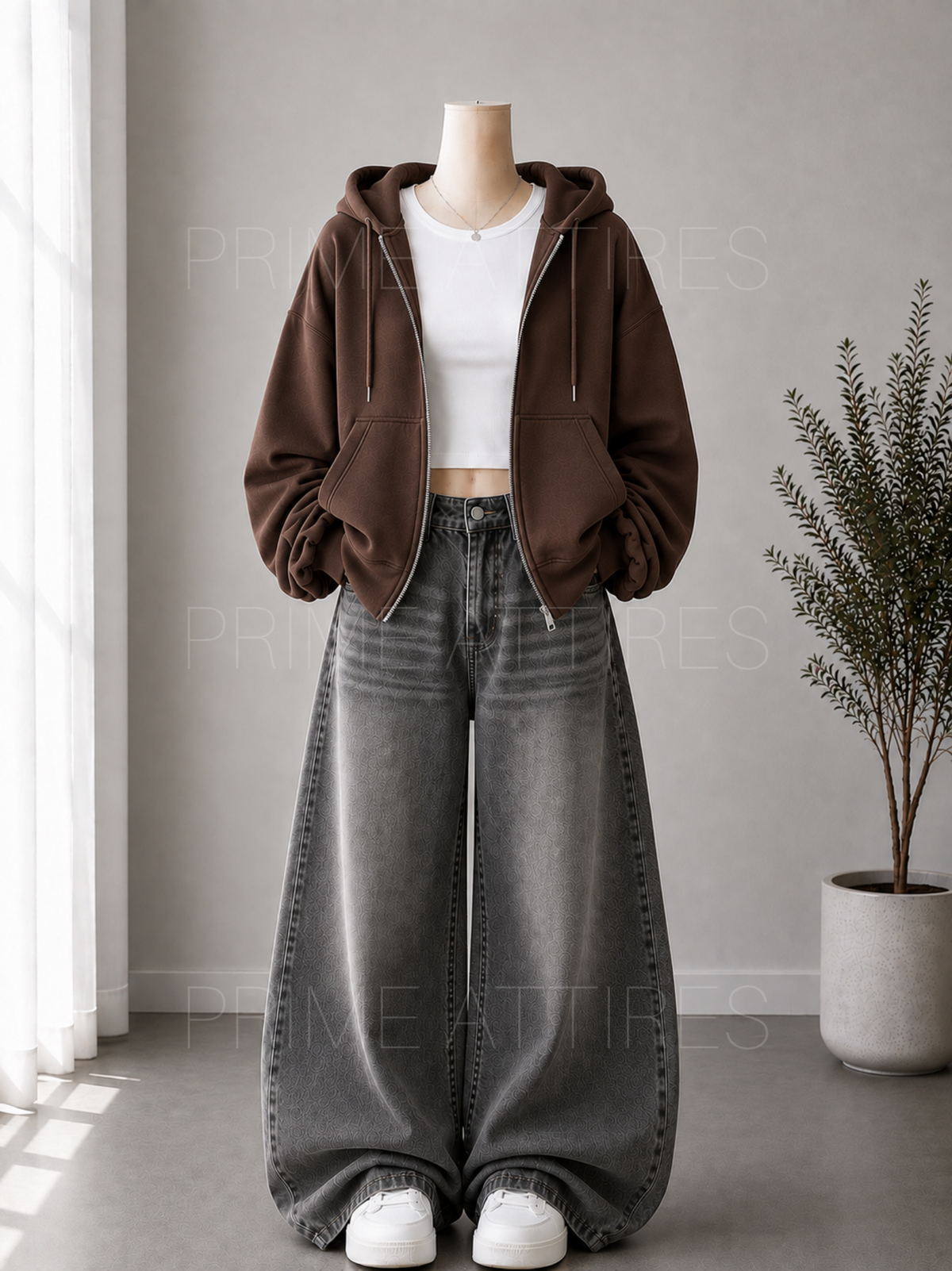 GREY WASHED WIDE LEG JEANS + WHITE INNER & BROWN ZIPPER HOODIE