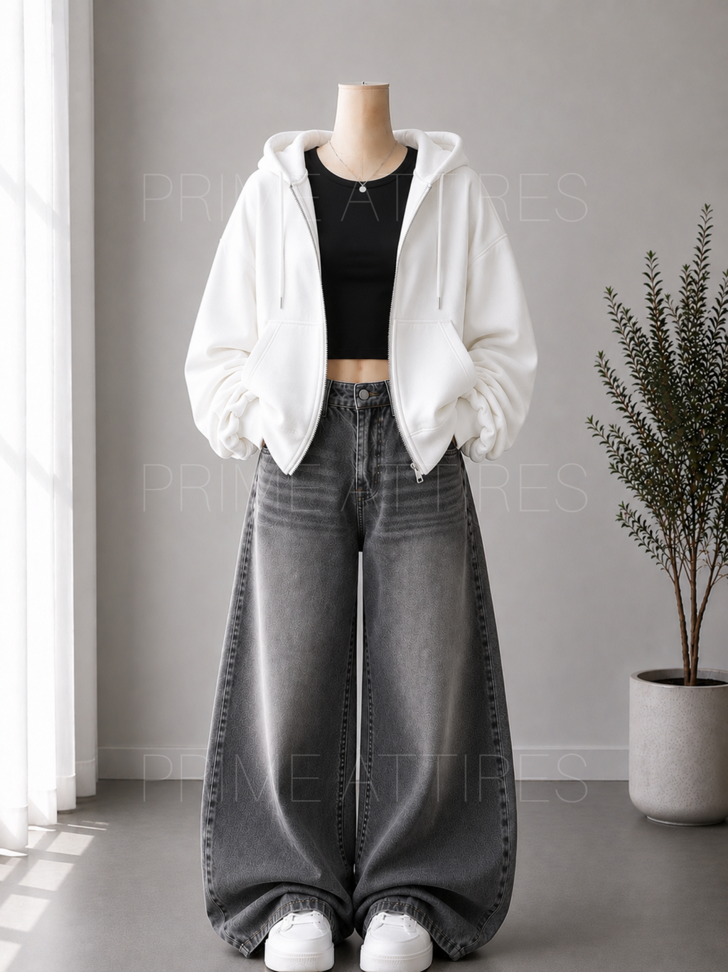 GREY WASHED WIDE LEG JEANS + BLACK INNER & WHITE ZIPPER HOODIE