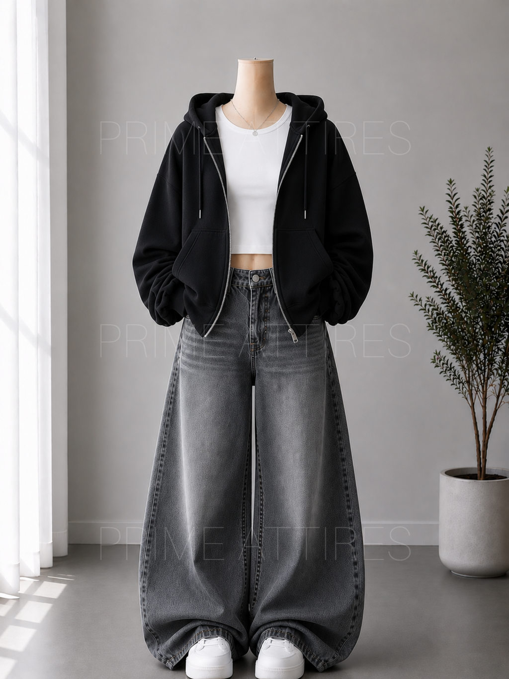 GREY WASHED WIDE LEG JEANS + WHITE INNER & BLACK ZIPPER HOODIE