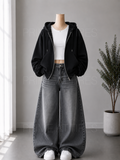 GREY WASHED WIDE LEG JEANS + WHITE INNER & BLACK ZIPPER HOODIE