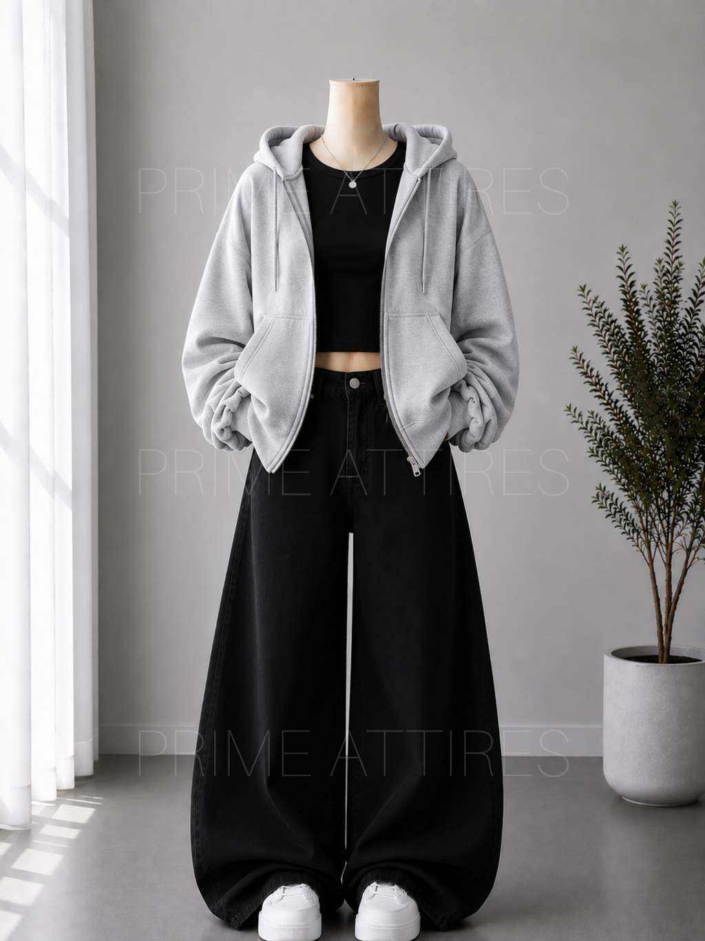 BLACK WIDE LEG JEANS + BLACK INNER & GREY ZIPPER HOODIE