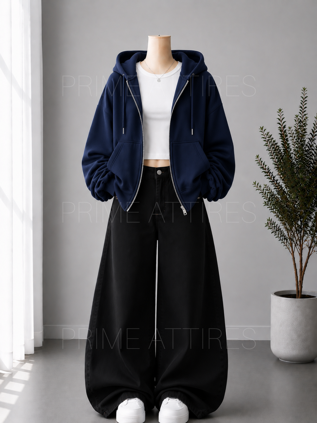 BLACK WIDE LEG JEANS + WHITE INNER & NAVY BLUE ZIPPER HOODIE