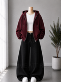 BLACK WIDE LEG JEANS + WHITE INNER & MAROON ZIPPER HOODIE