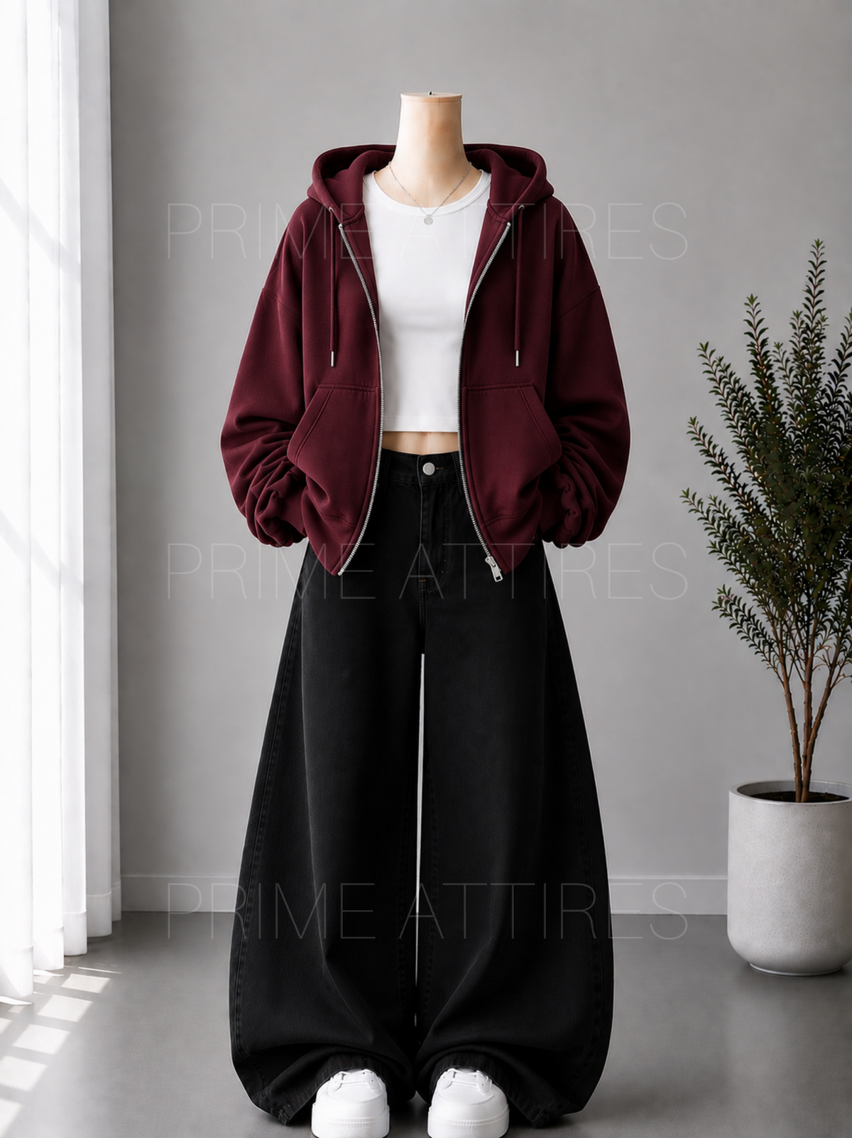 BLACK WIDE LEG JEANS + WHITE INNER & MAROON ZIPPER HOODIE