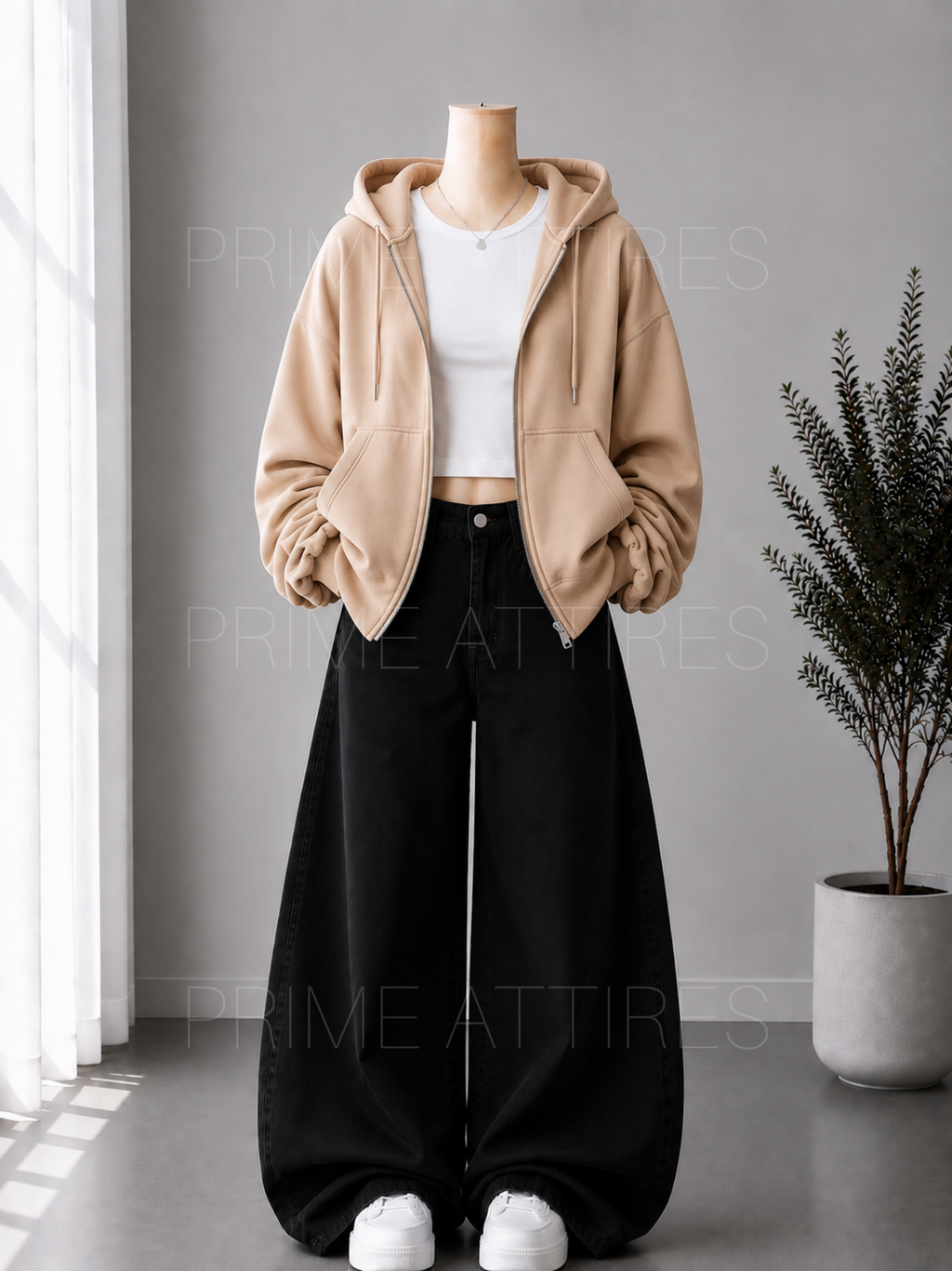BLACK WIDE LEG JEANS + WHITE INNER & BEIGE ZIPPER HOODIE