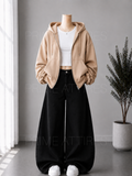 BLACK WIDE LEG JEANS + WHITE INNER & BEIGE ZIPPER HOODIE