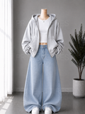 ICE BLUE WIDE LEG JEANS + WHITE INNER & GREY ZIPPER HOODIE