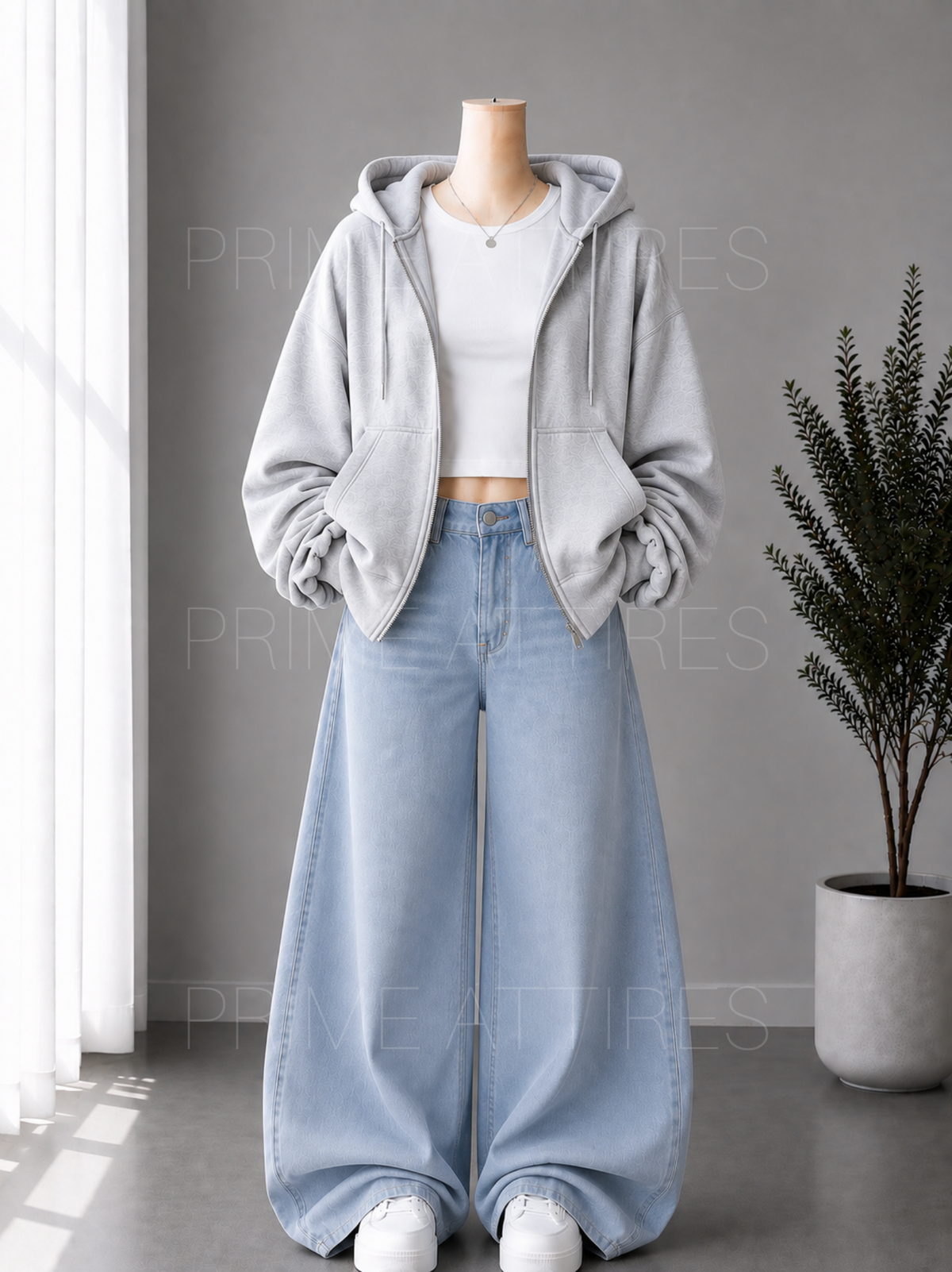 ICE BLUE WIDE LEG JEANS + WHITE INNER & GREY ZIPPER HOODIE