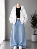 ICE BLUE WIDE LEG JEANS + BLACK INNER & WHITE ZIPPER HOODIE
