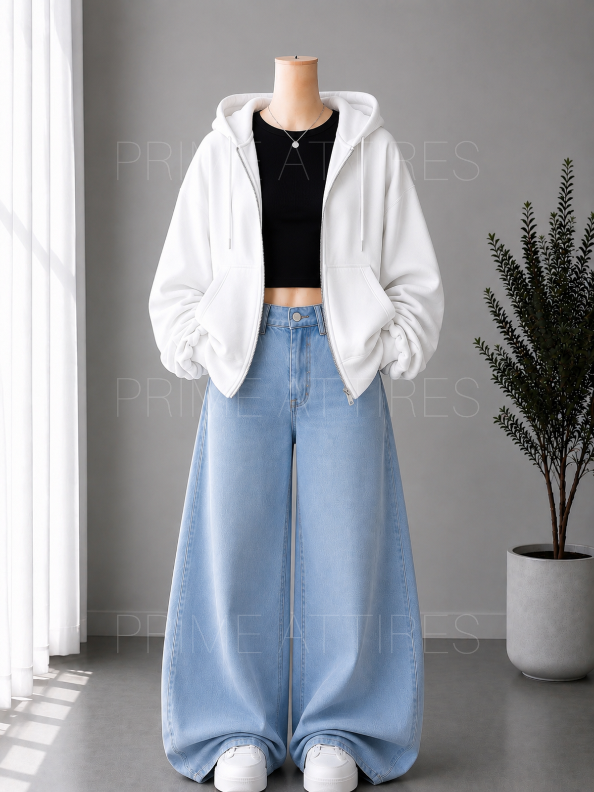 ICE BLUE WIDE LEG JEANS + BLACK INNER & WHITE ZIPPER HOODIE