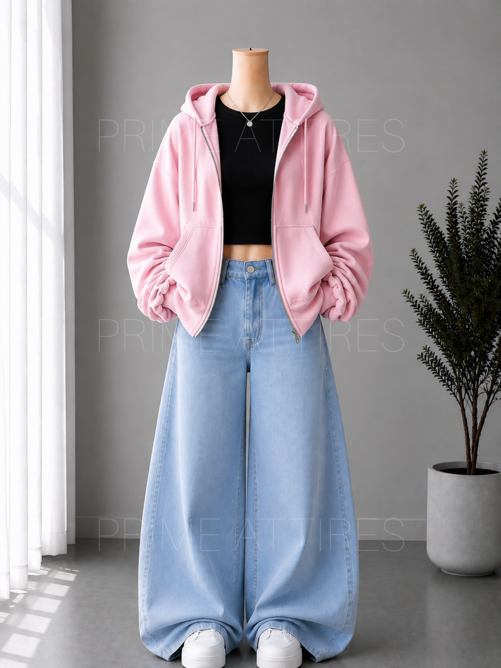 ICE BLUE WIDE LEG JEANS + BLACK INNER & PINK ZIPPER HOODIE