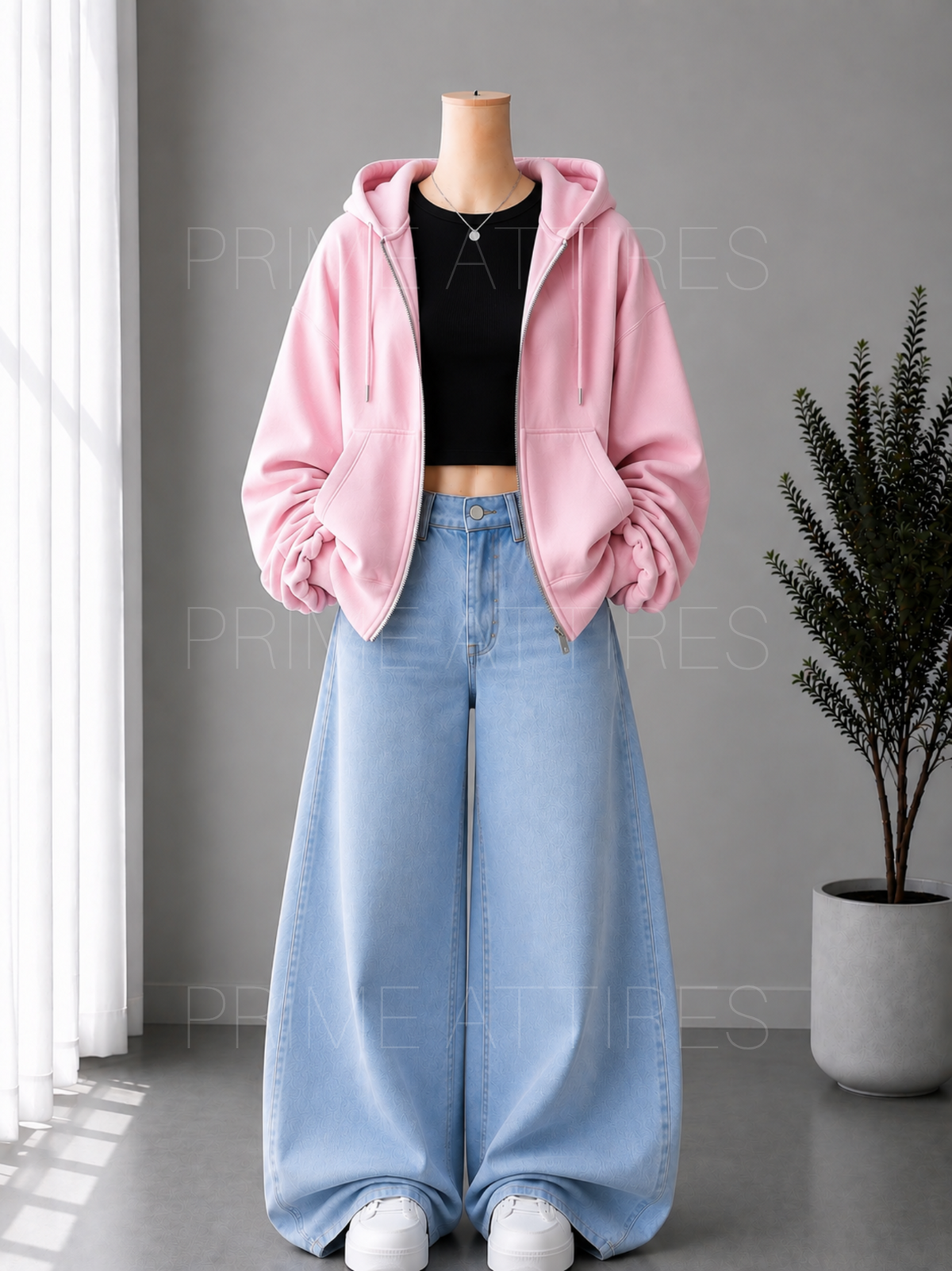ICE BLUE WIDE LEG JEANS + BLACK INNER & PINK ZIPPER HOODIE