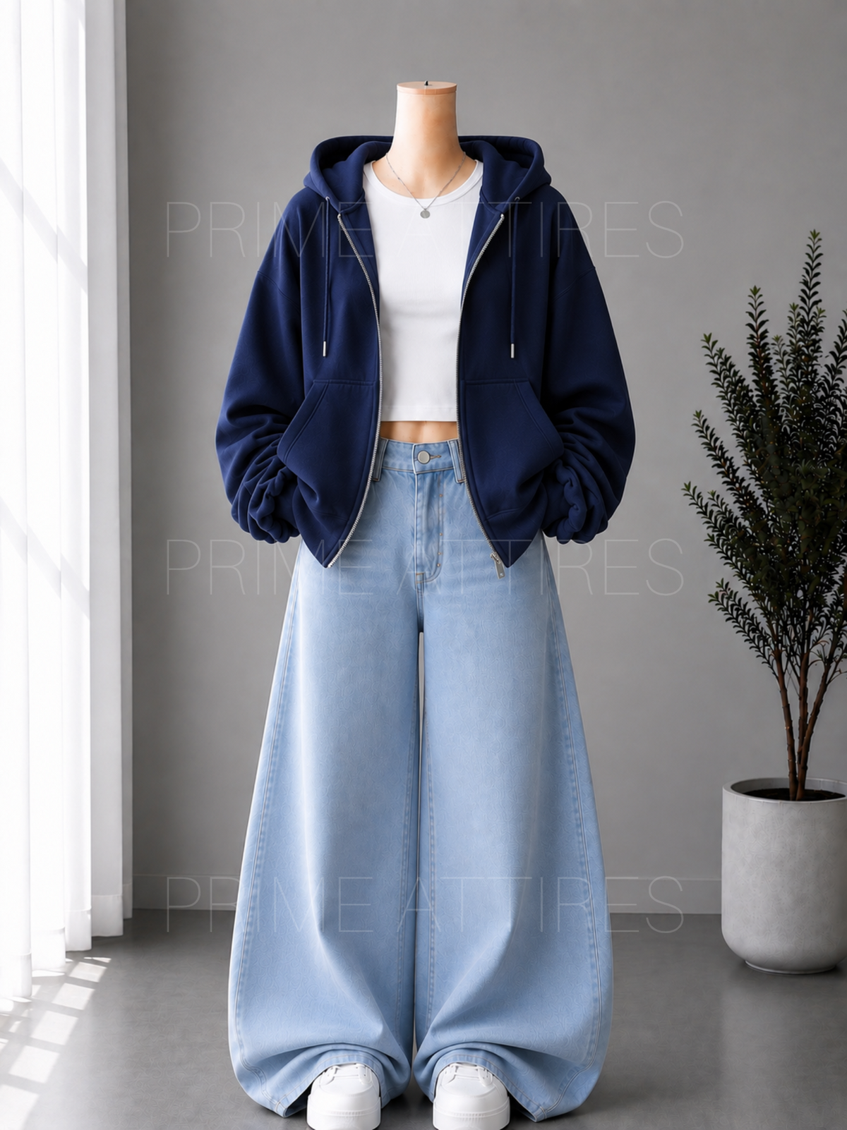 ICE BLUE WIDE LEG JEANS + WHITE INNER & NAVY BLUE ZIPPER HOODIE