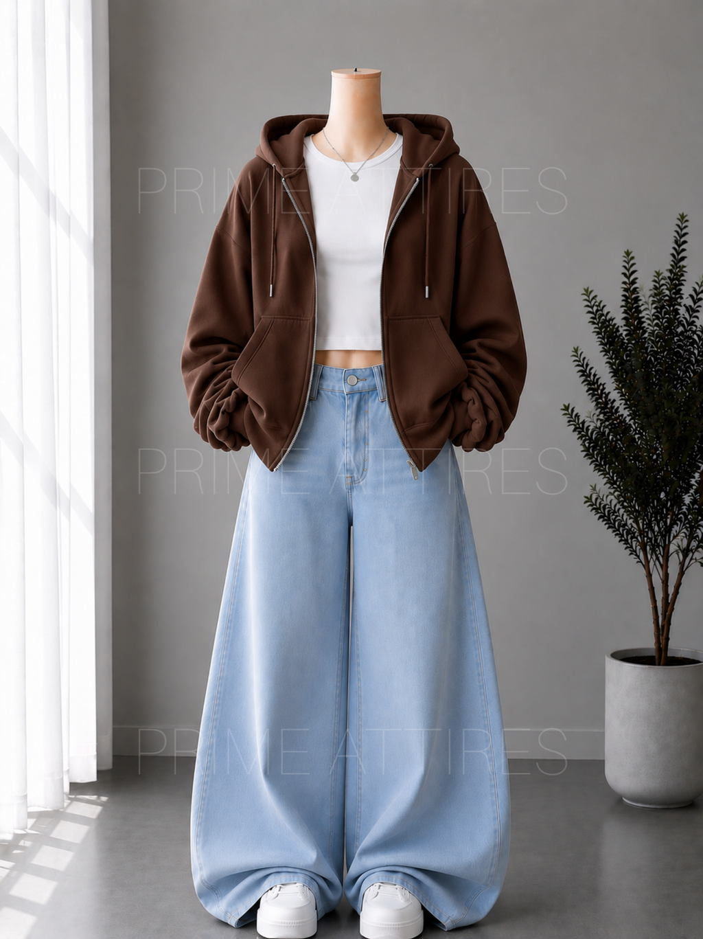 ICE BLUE WIDE LEG JEANS + WHITE INNER & BROWN ZIPPER HOODIE