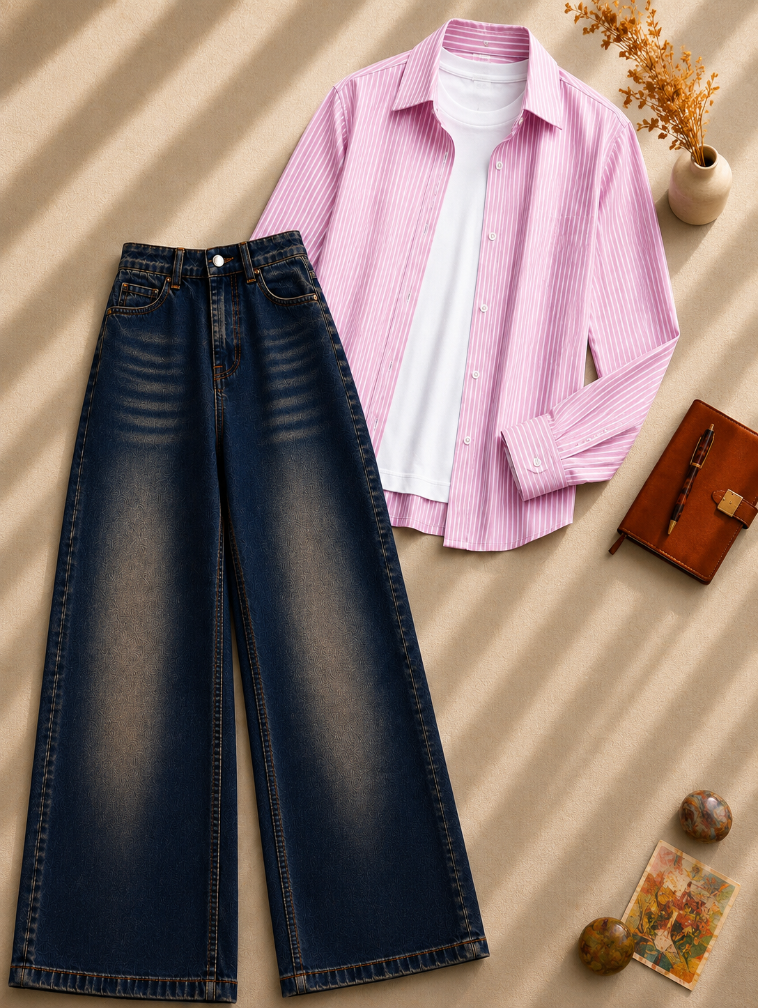 BROWN WASHED WIDE LEG JEANS + WHITE INNER & PINK LINING BUTTON DOWN SHIRT