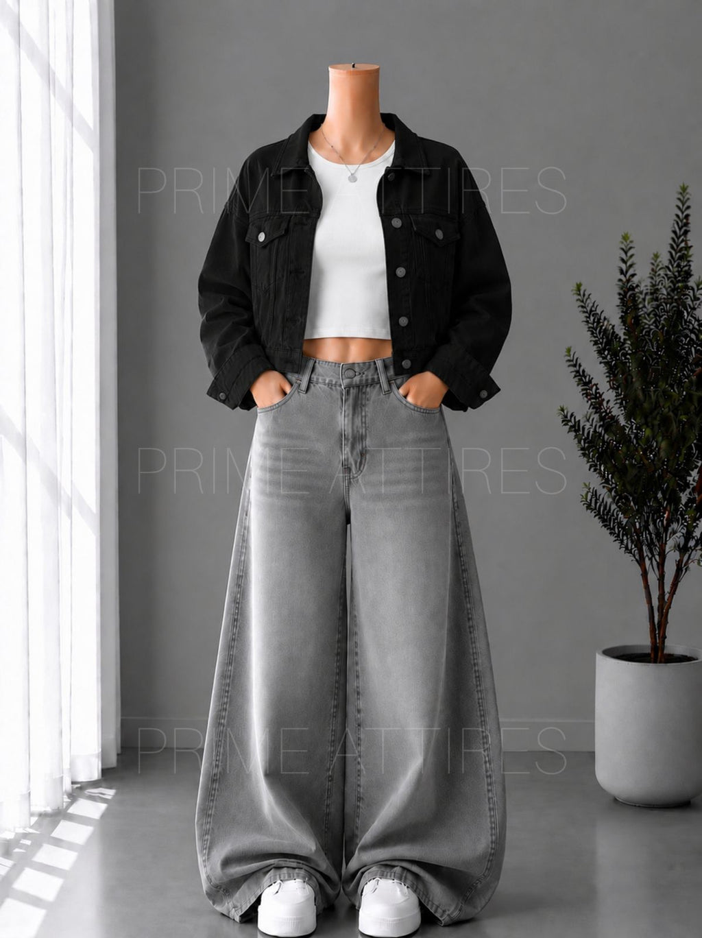 GREY WASHED WIDE LEG JEANS + WHITE INNER & BLACK DENIM JACKET