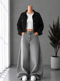 GREY WASHED WIDE LEG JEANS + WHITE INNER & BLACK DENIM JACKET