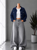 GREY WASHED WIDE LEG JEANS + WHITE INNER & NAVY BLUE DENIM JACKET