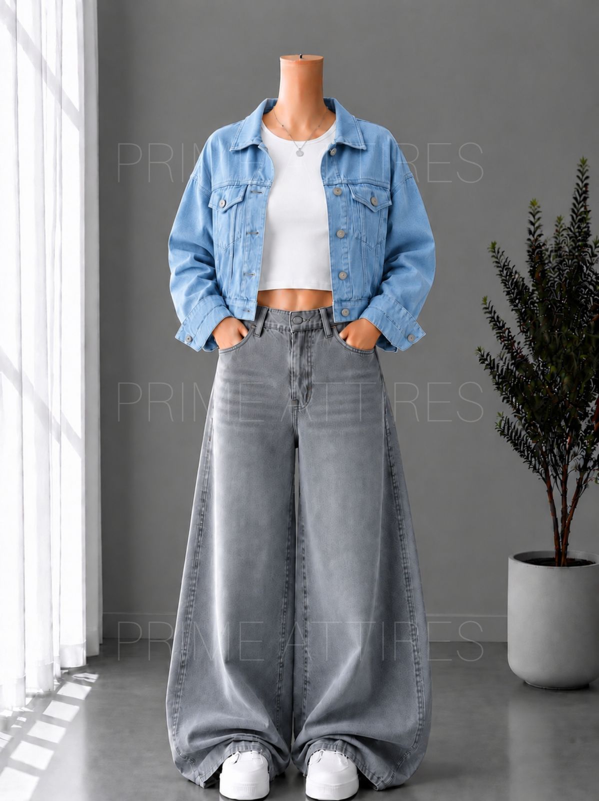 GREY WASHED WIDE LEG JEANS + WHITE INNER & ICE BLUE DENIM JACKET
