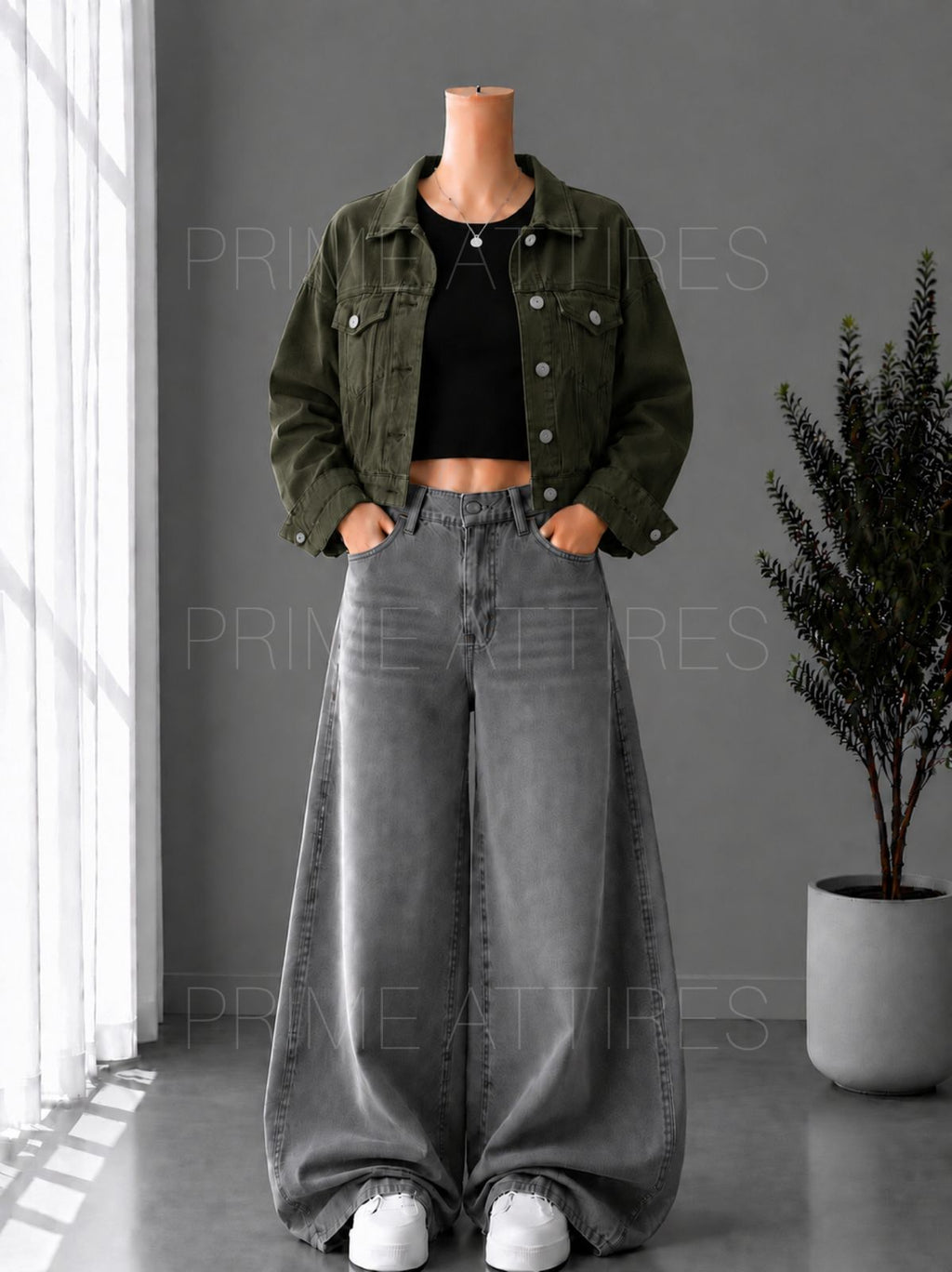 GREY WASHED WIDE LEG JEANS + BLACK INNER & OLIVE GREEN DENIM JACKET