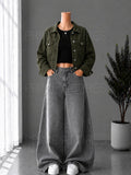 GREY WASHED WIDE LEG JEANS + BLACK INNER & OLIVE GREEN DENIM JACKET