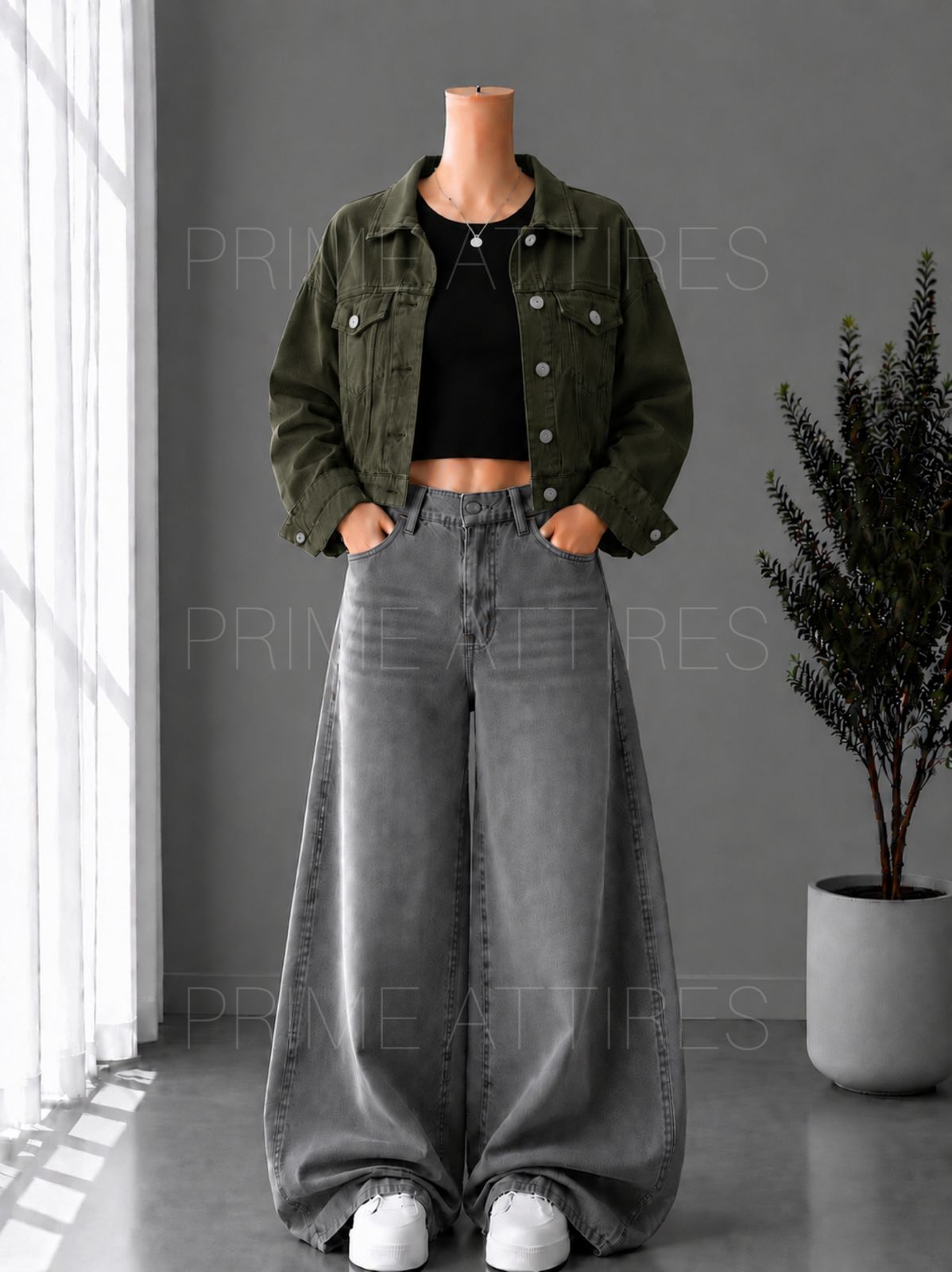 GREY WASHED WIDE LEG JEANS + BLACK INNER & OLIVE GREEN DENIM JACKET