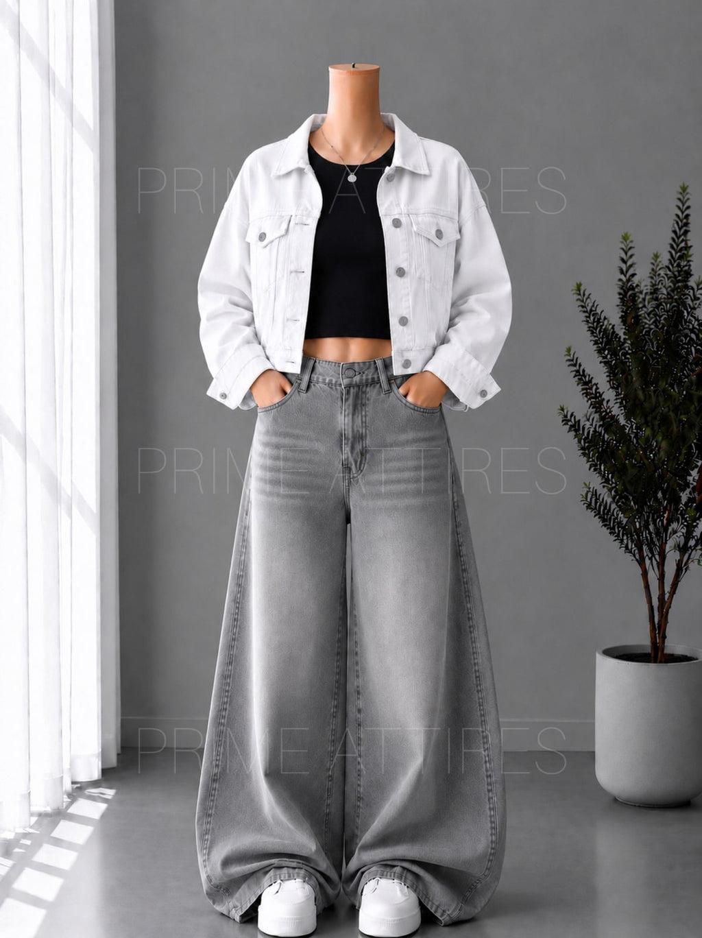 GREY WASHED WIDE LEG JEANS + BLACK INNER & WHITE DENIM JACKET