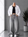GREY WASHED WIDE LEG JEANS + BLACK INNER & WHITE DENIM JACKET